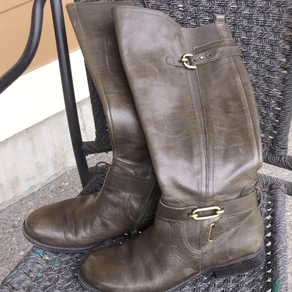 Naturalized olive green leather boots travel office Easter brunch equestrian - Picture 1 of 12
